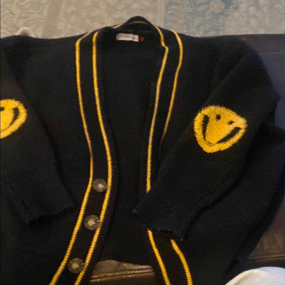 Trendy Black Cardigan with Yellow Smiley Accents